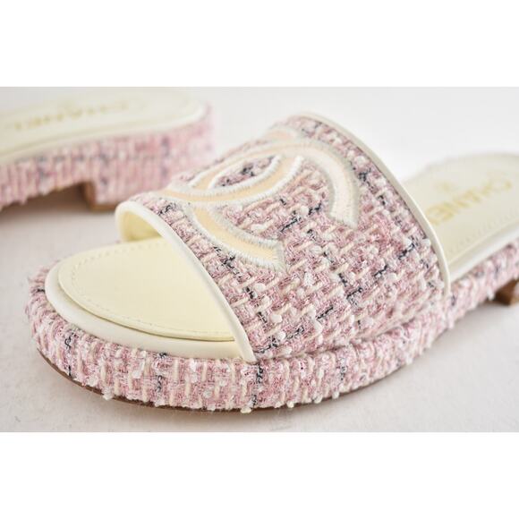 Chanel 20P Pink White Tweed Mesh CC Logo Slide Slip On Sandal Mule Heel Flat 36 - Picture 13 of 15